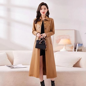 Manteau en cuir véritable long pour femmes, manteau en cuir long pour l'automne et l'hiver, manteau trench décontracté à la mode, en stock - Product Image 5