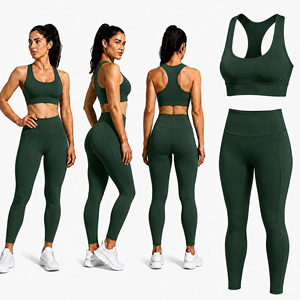 Ensemble de soutien-gorge de sport dos nageur vert foncé et leggings taille haute avec poches pour femme – Tenue de yoga et fitness - Product Image 1
