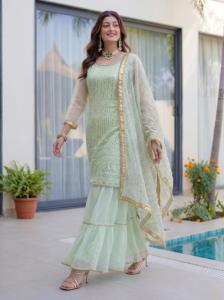 ชุดชาราร่าแบบอินเดียดั้งเดิม ผ้าจอร์เจตต์เนื้อนุ่ม ตกแต่งด้วยงานปักเลื่อมและดิ้นทอง เหมาะสำหรับงานแต่งงาน สำหรับผู้หญิง สวมใส่ในโอกาสพิเศษ - Product Image 2