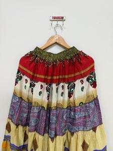 Boho Patchwork Silk <b>Skirt</b>, Women Handmade <b>Skirt</b>, Indian Silk Maxi Tiered <b>Skirt</b>, <b>Elastic</b> <b>Waist</b> <b>Skirt</b>, Sari Silk <b>Skirt</b> - Product Image 4