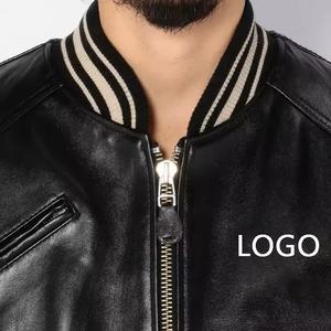 Blouson aviateur en cuir véritable noir pour homme, col rabattu, fermeture éclair, longueur normale, couleur unie, style motard, automne - Product Image 4