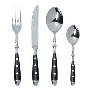 Ensemble de couverts en acier inoxydable, directement de l'usine, avec manche noir et rivets, couteau à steak, fourchette, cuillère à café, cuillère à soupe - Product Image 1
