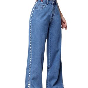 กางเกงยีนส์เดนิมทรงขากว้างประดับมุกสไตล์วินเทจรักษ์โลกสำหรับผู้หญิง เอวกลาง ทรงตรง ผ้าฝ้าย ทรงปกติ - Product Image 4