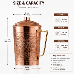Carafe à eau en cuivre pur avec couvercle, faite à la main, gravée, style ayurvédique, carafe décorative en cuivre pour la maison, la cuisine, l'hôtel - Product Image 4
