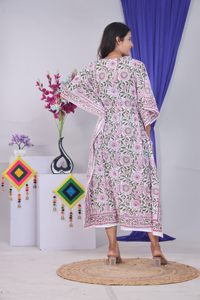 Floral Print Cotton <b>Kaftan</b> Dress Women's Loose Fit V-Neck Batwing Sleeve Midi Length Boho <b>Summer</b> Casual Wear Breathable - Product Image 4