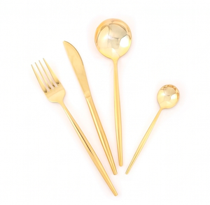 Juego de cubiertos chapados en oro con acabado de alto brillo, resistentes al óxido, diseño moderno y lujoso para bodas y cenas en casa. - Product Image 1