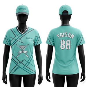 เสื้อสนุกเกอร์หญิง ผ้าโพลีเอสเตอร์ผสมสแปนเด็กซ์ 160 GSM ระบายอากาศได้ดี พิมพ์ลายแบบ Sublimation ลายเรขาคณิต  รับสกรีนโลโก้ ชุดทีม - Product Image 2