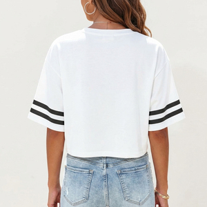 White Varsity Stripe <b>Crop</b> <b>Top</b> Womens Athletic Cropped T Shirt Wholesale Drop Shoulder Oversized Football Baseball Tee Shirts - Product Image 3