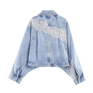Women's Casual Denim Jacket with <b>Lace</b> Paneling Turn-Down <b>Collar</b> and Loose Fit Washed for Autumn Season - Product Image 5