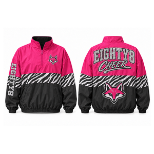 Custom Pink <b>Black</b> Zebra Print Cheerleading Pullover <b>Windbreaker</b> Jacket with Fox Mascot Logo Half Zip Athletic Team Spirit Sports - Product Image 2