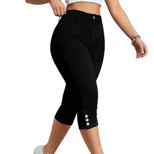 Womens Black <b>Stretch</b> <b>Denim</b> Capri Pants Regular Fit High Waist Button Hem Casual Cropped Jeans Summer Daily Wear Comfort Fit - Product Image 5