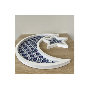 Plateau en bois Étoile et Lune, Décoration de maison pour les fêtes, motif imprimé blanc, Plateaux Étoile et Lune, Décorations suspendues pour les fêtes, Vente en gros - Product Image 1