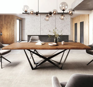 Mesa de Comedor Moderna Industrial de Madera de Acacia con Acabado Natural y Borde Natural, con Patas de Metal con Acabado Negro Mate, Mesa de Comedor para el Hogar y la Cocina - Product Image 1