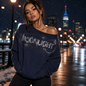Sudadera con capucha de algodón polar azul marino con hombros descubiertos y pedrería para mujer, con bolsillo canguro, de marca personalizada, fabricante mayorista - Product Image 6