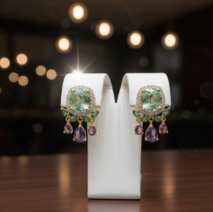 Pendientes de Amatista Verde con Corte Cojín de 10 mm, Multicorales con Circonitas, 12 g, Plata de Ley 925, Chapados en Oro de 18 Quilates, Pendientes Pequeños, Regalo para Mujer - Product Image 1
