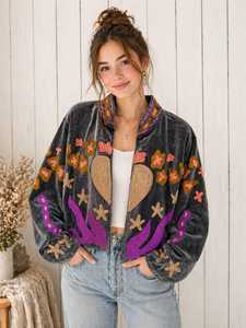 Chaqueta de terciopelo gris con bordado Suzani, diseño floral hecho a mano, estilo bohemio, para invierno. - Product Image 1