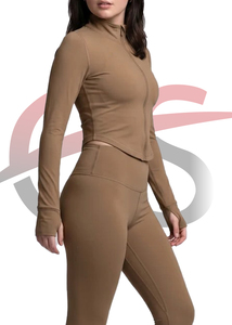 Haut de yoga pour femme, couleur unie, demi-zip, manches longues, extensible, coupe régulière, en spandex et polyester, vêtements de sport - Product Image 6