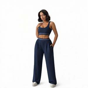 Women's Breathable Lightweight Solid Scoop Neck Two Piece Yoga Set <b>Crop</b> Tank Wide Leg Pants Summer Activewear Lounge Regular Fit - Product Image 4