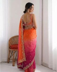 KV Traditional Silk Embellished Embroidered Zari <b>Satin</b> <b>Saree</b> with Stitched Blouse Wrinkle-Free & Reversible for Autumn Party - Product Image 3