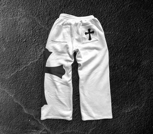 Custom Heavyweight 400GSM Cotton <b>White</b> Sweatpants Screen Print Cross Graphic Logo Wide Leg Baggy <b>Trousers</b> Streetwear - Product Image 3