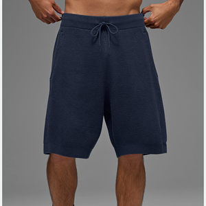 Shorts Bermuda en tricot pour homme, taille élastique avec cordon de serrage, taille mi-haute, couleur unie, décontracté, bleu marine - Product Image 1