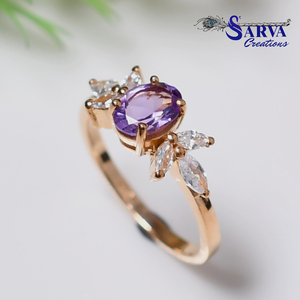 Bague en Améthyste Naturelle Plaqué Or 14 carats Argent Sterling 925 Zirconium Pierre Précieuse Ovale Motif Feuille Florale Bijou Tendance Femme - Product Image 1