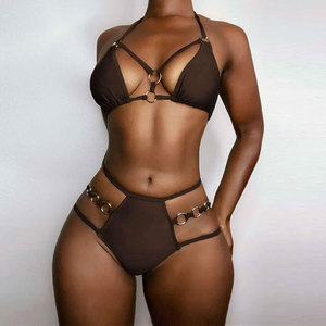 Women's Brown <b>Crossed</b> Halter Bikini Set Hollow Mesh Side Detail Cheeky Bottom Spandex Polyester Breathable Drawstring Two Piece - Product Image 6