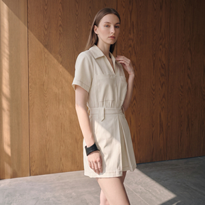 Tuta Corta da Donna in Crema con Maniche Corte, Stile Utility, Casual, con Elastico in Vita, in Poliestere e Spandex, Pezzo Unico, <span class=keywords><strong>LAVIN</strong></span> - ODM OEM - Product Image 2
