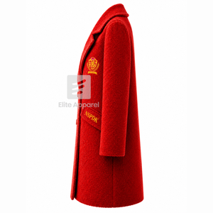 Manteau long en laine personnalisé NSPDK Sorority avec logo brodé sur le devant, couleur rouge et or, manches longues, pour femme. - Product Image 4