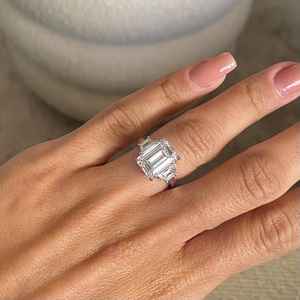 Moissanite 3CT <b>Emerald</b> Cut Surprise Three Stone <b>Ring</b> Original 925 <b>Silver</b> With Party Gift Fine Unique Style Romantic Jewelry - Product Image 1