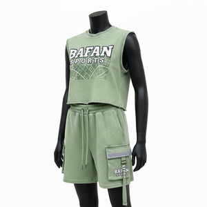 ชุดเสื้อยืดแขนกุดและกางเกงขาสั้นผู้หญิง ผ้าฝ้าย 100% พรีเมียม ผสมผสานผ้าฝ้ายอย่างดี สีเขียวมะกอก พิมพ์ลายโลโก้ - Product Image 4