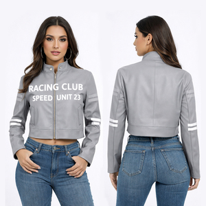 Blouson Moto Court Femme Personnalisé avec Motif Club de Course, Coupe Slim, Zippé, Style Motard, Bleu Marine, Streetwear, Mode Décontractée, Vêtement d'extérieur - Product Image 2