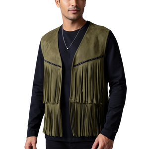 Men Suede Leather Fringe Vest Western Cowboy Style Sleeveless Fashion Vest Olive Stud - Product Image 1