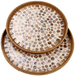 Plateau de service artisanal en nacre et rotin, écologique, élégant, avec incrustation mosaïque, style bohème moderne, pour la décoration de la maison, compatible lave-vaisselle et micro-ondes - Product Image 1