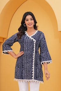 Kurti de Rayón Estampado para Mujer, Azul Marino, Túnica Étnica con Encaje de Pompones, Kurti Informal - Product Image 6