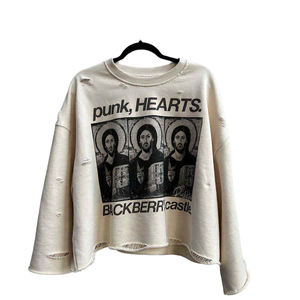 Sudaderas de moda de algodón de rizo, estilo oversize, con estampado DTG, hombros caídos, efecto desgastado, manga larga, corte holgado y estilo cropped. - Product Image 1