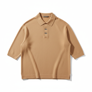 Men's Solid Beige Breathable Casual Knitted Embroidered Pure Cotton <b>Collar</b> <b>T</b>-<b>Shirt</b> Regular-fit - Product Image 1