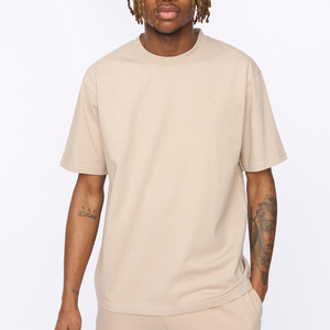 T-shirt en coton beige surdimensionné pour homme, manches courtes, col rond, jersey uni décontracté - Product Image 1