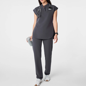 Blusa Médica para Mujer, Color Carbón, Cuello Mandarín, Manga Corta, Uniforme Sanitario, Ropa de Trabajo Cómoda para Enfermería, OEM ODM - Product Image 6