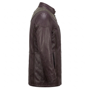 Gabardina de cuero genuino para hombre, color morado ciruela, con cuello alto y banda de cuello redondeada gris, personalizada, venta al por mayor - Product Image 3