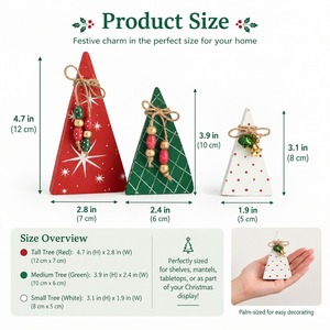 Ensemble de 3 figurines de Noël triangulaires en bois faites à la main, rouge, vert, blanc, pour décoration de table rustique des fêtes - Product Image 4