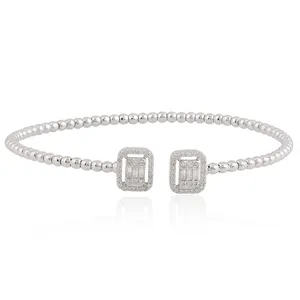 Natural H SI Round Pave Diamond 14K White Gold Open Cuff Bangle <b>Beaded</b> <b>Bracelet</b> Luxury Womens Jewelry - Product Image 1