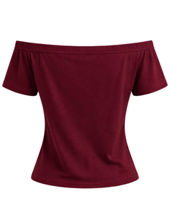 T-shirt femme bordeaux à épaules dénudées, manches courtes, coupe ajustée, décontracté, été, en coton doux, personnalisable, fabricant OEM - Product Image 4
