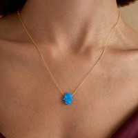 Collier vintage de luxe avec pendentif main de Fatma en opale bleue, en argent sterling 925 plaqué or 14 carats, chaîne à maillons en alliage, amulette Fatima, anniversaire