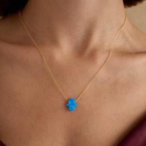 Collier main de Fatma en opale bleue, argent sterling 925 plaqué or 14 carats, bijou amulette pour femme, cadeau - Product Image 2