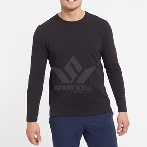 T-shirt à manches longues pour homme, col rond, coupe classique, décontracté, noir uni, tricoté, séchage rapide, 100% polyester - Product Image 2
