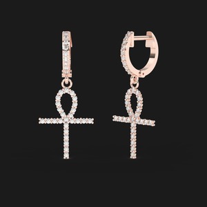 Pendientes de Aro con Cruz Ankh de Moissanita, Chapados en Rodio, Plata, Joyería de Lujo Estilo Hip Hop - Product Image 2
