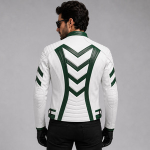 Blouson de moto en cuir PU pour homme, blanc et vert, style color block, col montant, fermeture éclair, coupe slim, coupe-vent, style motard - Product Image 2
