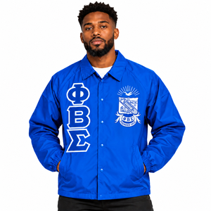 Veste Coach Homme Bleu Royal Phi Beta Sigma avec Broderie du Blason, Boutons Pression, Manches Longues, Coupe-Vent Léger, Poches et Col Montant - Product Image 1