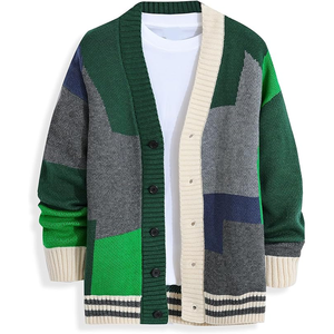 Cardigan en tricot patchwork pour homme, col en V, manches longues, laine acrylique anti-boulochage, vêtement d'automne - Product Image 4